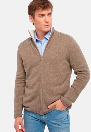 Jeune homme portant un pull beige zippé par-dessus une chemise bleu clair, avec une main dans la poche d'un jean bleu clair, regardant sur le côté.