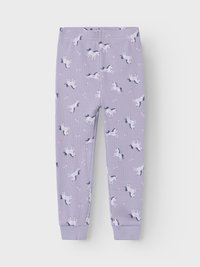 Lavender pajama pants with an all-over unicorn pattern, featuring white unicorns, stars, and small accents in pink and navy. Ribbed cuffs.