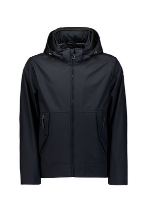 Zwarte waterdichte jas met een capuchon, voorritssluiting, twee ritszakken en een gladde textuur. Heeft een verstelbaar trekkoord bij de capuchon.