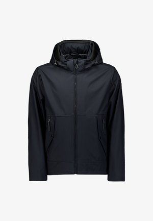 Zwarte waterdichte jas met een capuchon, voorritssluiting, twee ritszakken en een gladde textuur. Heeft een verstelbaar trekkoord bij de capuchon.