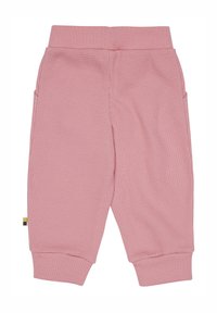 Roze wafelstructuur broek met een elastische tailleband, ribgebreide boorden en zijzakken. Beschikt over een klein multicolor label aan de zijkant.