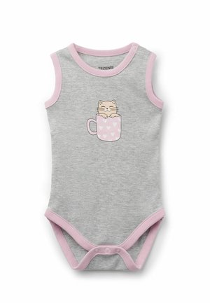 Ärmelloser grauer Baby-Body mit pinker Einfassung und einem Aufdruck einer lächelnden Katze in einer pinken Tasse mit weißen Herzen.
