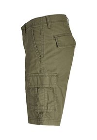 Shorts cargo en kaki en coton, dotés de plusieurs poches, d'un devant plat et d'une coupe droite. Le tissu a une texture lisse.