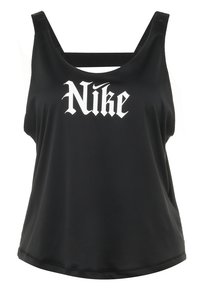 Top deportivo sin mangas negro con el logotipo estilizado en blanco de "Nike" y un pequeño swoosh en el pecho, con un escote amplio.