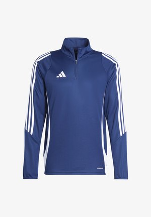 Navyblaues langärmliges Sportoberteil mit einem halben Reißverschluss, weißen Dreistreifenakzenten an den Ärmeln und 'Aeroready'-Branding am Saum.