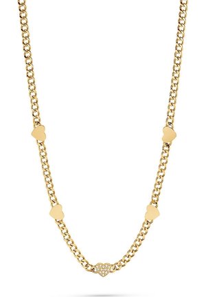 Collier chaîne dorée avec cinq breloques en forme de cœur, dont une incrustée de petites pierres claires, réparties uniformément le long de la chaîne.