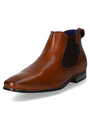 Botte Chelsea pour homme en cuir marron poli avec panneau latéral élastique et petit talon empilé, inclinée pour montrer le côté extérieur.