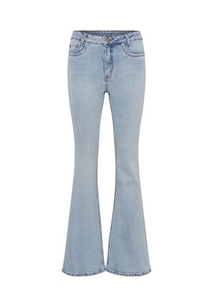 Jean en denim bleu clair taille haute avec jambes évasées, bouton à l'avant, fermeture éclair et poches avant.