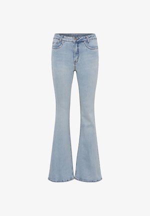 Lyseblå højttaljede denimjeans med udvidede ben, forreste knapper, lynlåslukning og forlommer.