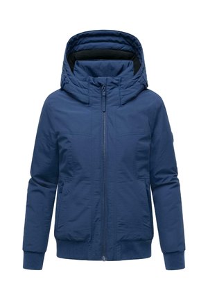 Navyblauwe pufferjack met een hoge hoodie, voorzijde met rits, twee zijkn reviewers, ribgebreide manchetten en een gladde, matte textuur.