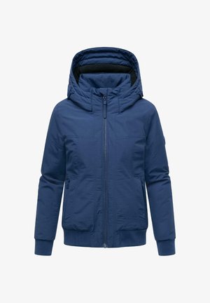 Navy blue puffer jacket with a tall hood, front zipper closure, two side pockets, ribbed cuffs, and a smooth, matte texture.