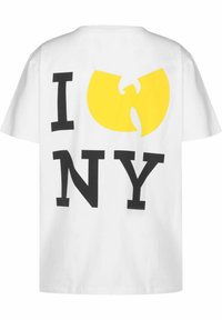 Witte katoenen T-shirt met vet zwart tekst "I ♥ NY" en een groot geel Wu-Tang Clan-logo op de achterkant. Korte mouwen, relaxte pasvorm.