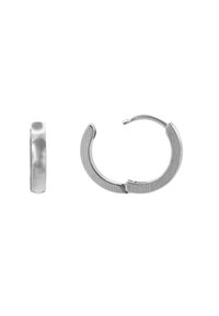Sølvbelagte hoop øredobber med teksturert overflate, med et delt design og sikker lås. Mål: små og avrundede.
