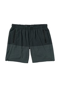 Shorts de bain pour hommes en vert foncé avec des rayures horizontales grises. Équipés d'une taille élastique et de poches latérales. Tissu léger et lisse.