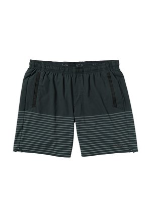Men's swim shorts in dark green with gray horizontal stripes. Features an elastic waistband and side pockets. Lightweight, smooth fabric.