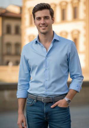 Light blue long-sleeve shirt, button-up, with rolled sleeves. Worn with blue jeans and a gray belt; features a silver watch on the wrist.