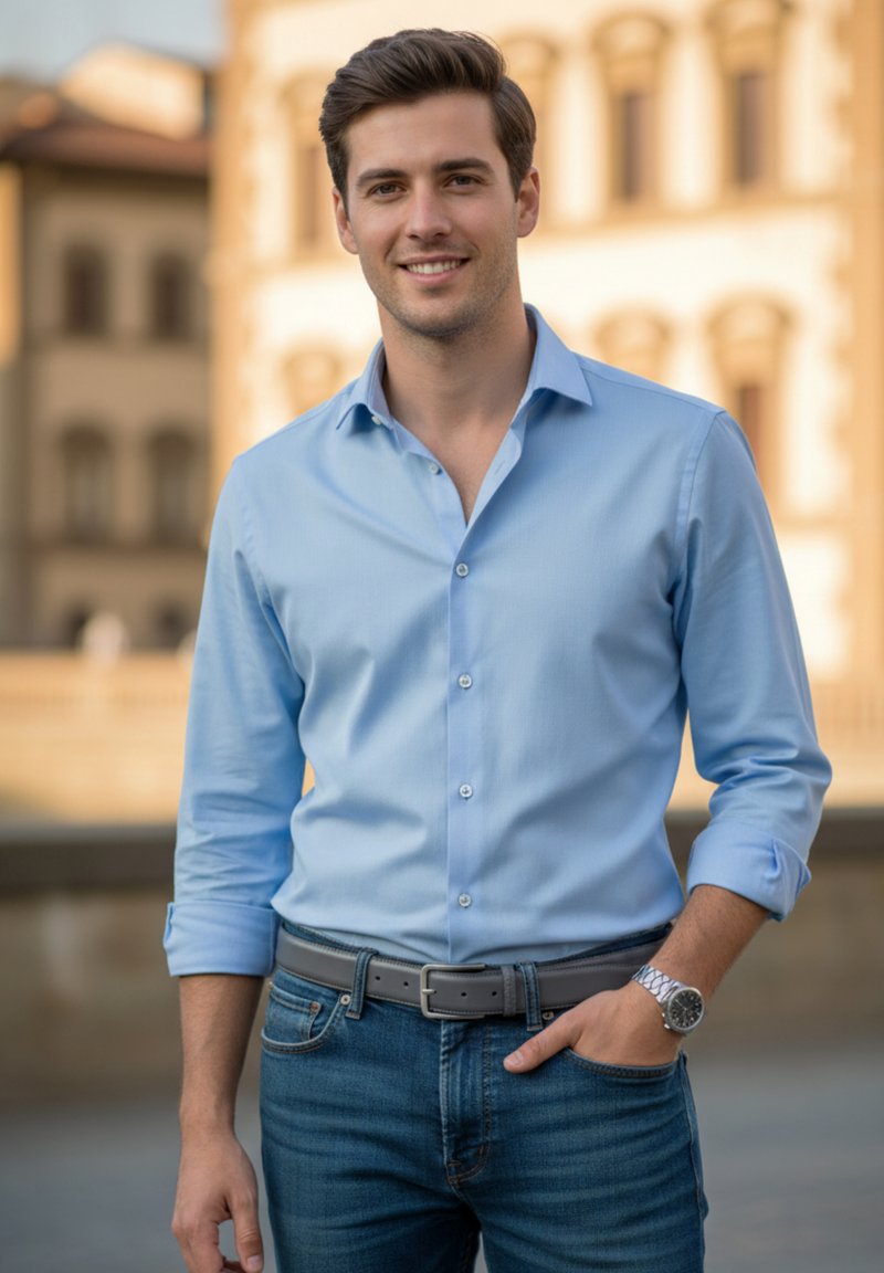 Jasnoniebieska koszula z długim rękawem, zapinana na guziki, z podwiniętymi rękawami. Noszona z niebieskimi dżinsami i szarym paskiem; na nadgarstku srebrny zegarek.