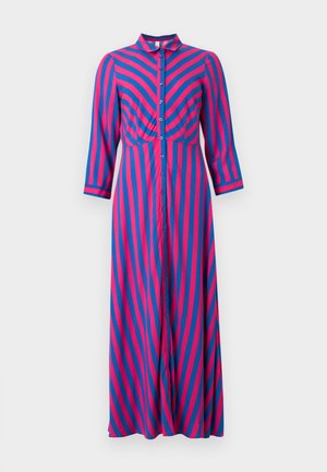 Maxikleid mit langen Ärmeln und durchgehender Knopfleiste, vertikal rosa und blaue Streifen, Stehkragen und tailliert.