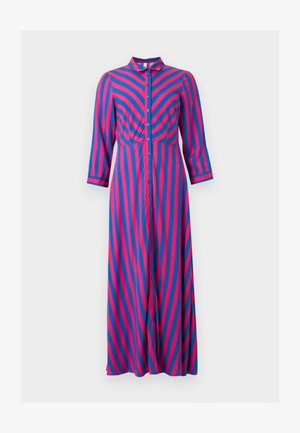 Maxi-jurk met lange mouwen en knopen, met verticale roze en blauwe strepen, mandarijnkraag en een getailleerde taille.