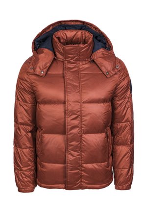 Padded Jacke in rostfarbener Farbe mit hohem Kragen und Kapuze. Glattes, glänzendes Material mit zwei seitlichen Taschen und Knopfdetails am Kragen.