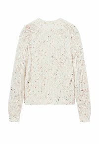 Pull tricoté couleur crème avec un design texturé, présenté avec des taches colorées. Poignets et ourlet côtelés, et un col rond.