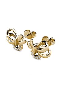 Goldfarbene Ohrringe mit einem verdrehten Design, die an der Basis eine Ansammlung von kleinen klaren Strasssteinen und einen sicheren Verschluss haben.