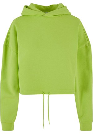 Afskaffet hoodie i kraftig limegrøn fleece, med hætte, sænkede skuldre og snoretræk i kanten. Blød, glat tekstur.