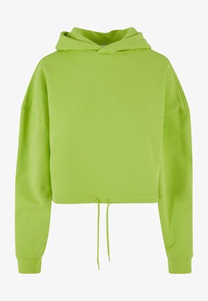 Besklippt hoodie i livlig limegrön fleece, med huva, sänkta axlar och dragsko i nederkanten. Mjuk, slät textur.