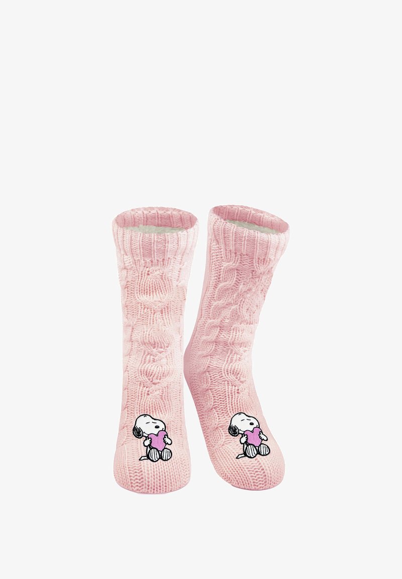 Calze rosa lavorate a maglia con motivo a trecce, dotate di una grafica di un personaggio dei cartoni animati che tiene un cuore sulla suola. Tessuto morbido e testurizzato.