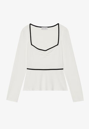 White long-sleeve top with a square neckline, black trim, gathered front detail, and an empire waistline. Smooth fabric with slight stretch.