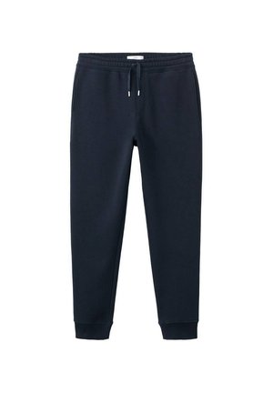Mörkblå mjukisbyxor av mjukt tyg med elastisk midja, dragsko, sidfickor och mudd vid benslut.