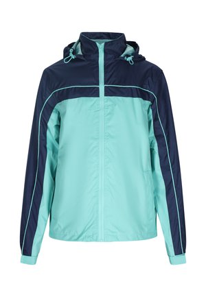 Könnyű dzseki türkiz színű testtel és tengerészkék kiegészítőkkel, teljes hosszúságú elülső cipzárral, állítható kapucnival és kontrasztos oldalsávokkal.