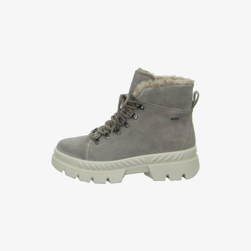 Grey suede ankle boot with thick white treaded sole, lace-up front, metal eyelets, and fleece lining visible at the top edge.
