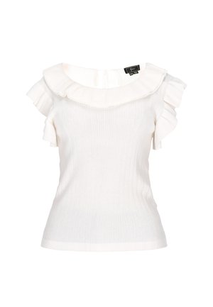 Top blanco de punto acanalado con un amplio cuello con volantes y mangas cortas con volantes, con una abertura en forma de ojo de cerradura en la espalda para el cierre.