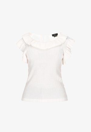 Top blanco de punto acanalado con un amplio cuello con volantes y mangas cortas con volantes, con una abertura en forma de ojo de cerradura en la espalda para el cierre.