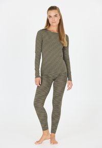 Olijfgroene longsleeve bodysuit met een gestructureerd, geribbeld patroon; aansluitend ontwerp, soepele stof en minimale naden voor comfort.