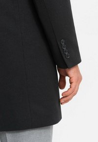 Manica di un cappotto nero con texture, dotata di cinque bottoni neri. Pantaloni grigi visibili sotto. Focus sulla struttura del cappotto e sui dettagli del tessuto.