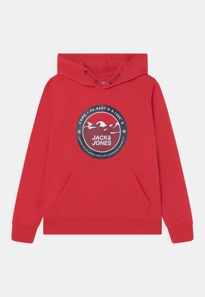 Un hoodie rouge en mélange de coton, avec une poche kangourou à l'avant, une capuche à cordon et un graphique circulaire avec logo et coordonnées.
