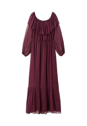 Vestito lungo bordeaux realizzato in un tessuto leggero e fluido. Presenta volant a spalle scoperte, vita elasticizzata e un orlo a più strati. Maniche semi-trasparenti.
