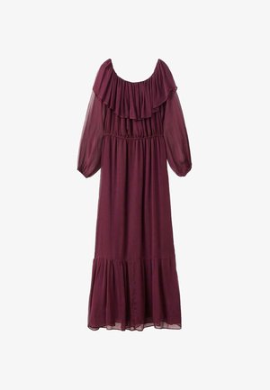 Bordeauxfarbenes Maxi-Kleid aus leichtem, fließendem Stoff. Mit schulterfreien Rüschen, elastischem Bund und einem gestuften Saum. Halbtransparente Ärmel.