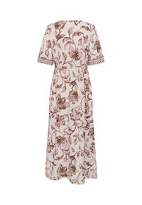 Květované vzorované šaty s krátkými rukávy, dlouhé až na kotníky, v růžových a hnědých tónech s vyztuženým pasem a dekorativním lemováním rukávů.