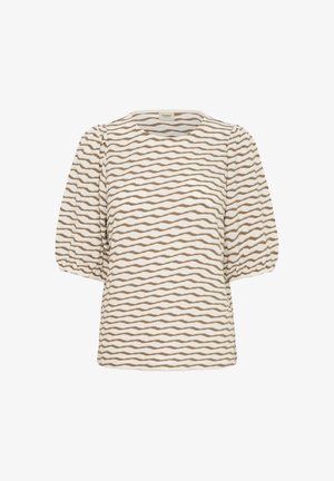 Beež ja valge lühikeste varrukatega pluus, millel on põskvarrukad, ümara kaelusega ja laineline horisontaaltriibuline muster.