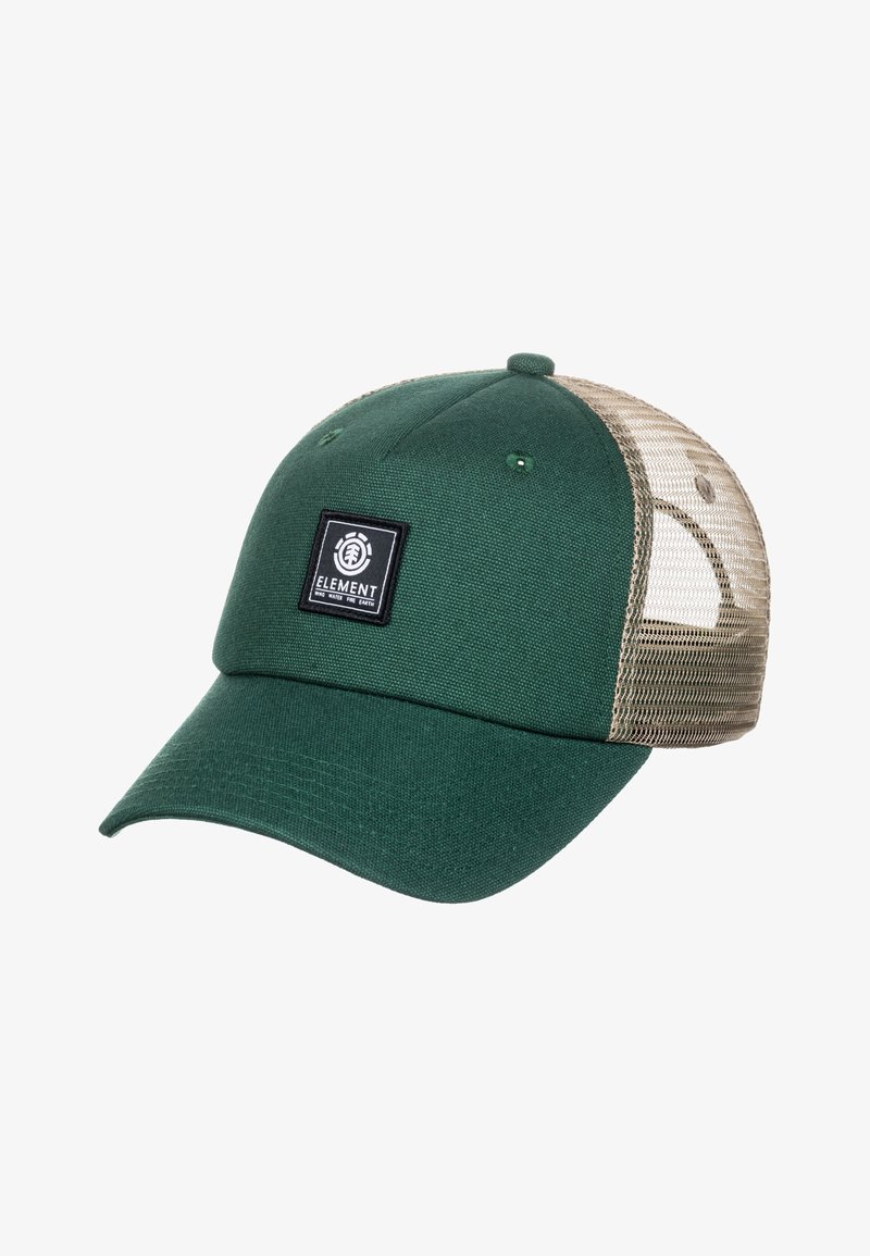 Green baseball cap with a mesh beige back, featuring a black square logo patch on the front and a curved visor. Textured fabric and stitching details.
