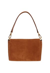 Wildlederhandtasche in warmem Braun mit glatter Textur, rechteckiger Form und einem einzigen Schultergurt aus Leder mit goldfarbener Hardware.