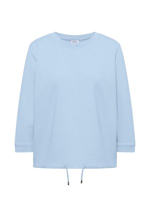 Lyseblå langærmet afslappet sweatshirt med rund halsudskæring og justerbare snore ved kanten.