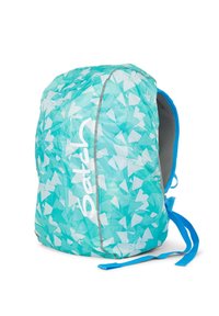 Zaino con un motivo geometrico turchese, dettagli grigi e un logo bianco. Presenta schienale imbottito e spallacci blu per il comfort.