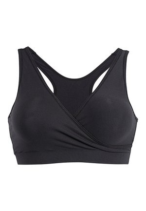 Schwarzer Sport-BH mit Wickeldesign, der eine glatte Textur, breite Träger und ein Netzdetail auf dem Rücken für Atmungsaktivität bietet.