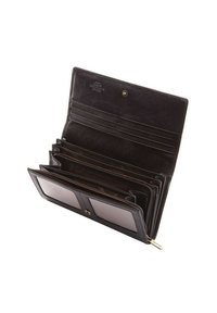 Portafoglio in pelle nera con più scomparti, slot per carte e due finestre trasparenti per foto. Presenta una chiusura a scatto e una texture liscia.