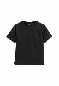 Zwarte kortere mouwen T-shirt van zachte stof, met een ronde hals en raglanmouwen. Gladde textuur zonder zichtbare patronen of versieringen.