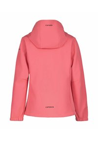Waterdichte, felroze jas met een capuchon, elastische manchetten en een nauwsluitende uitstraling. Bevat een logo op de achterkant en minimale accenten.